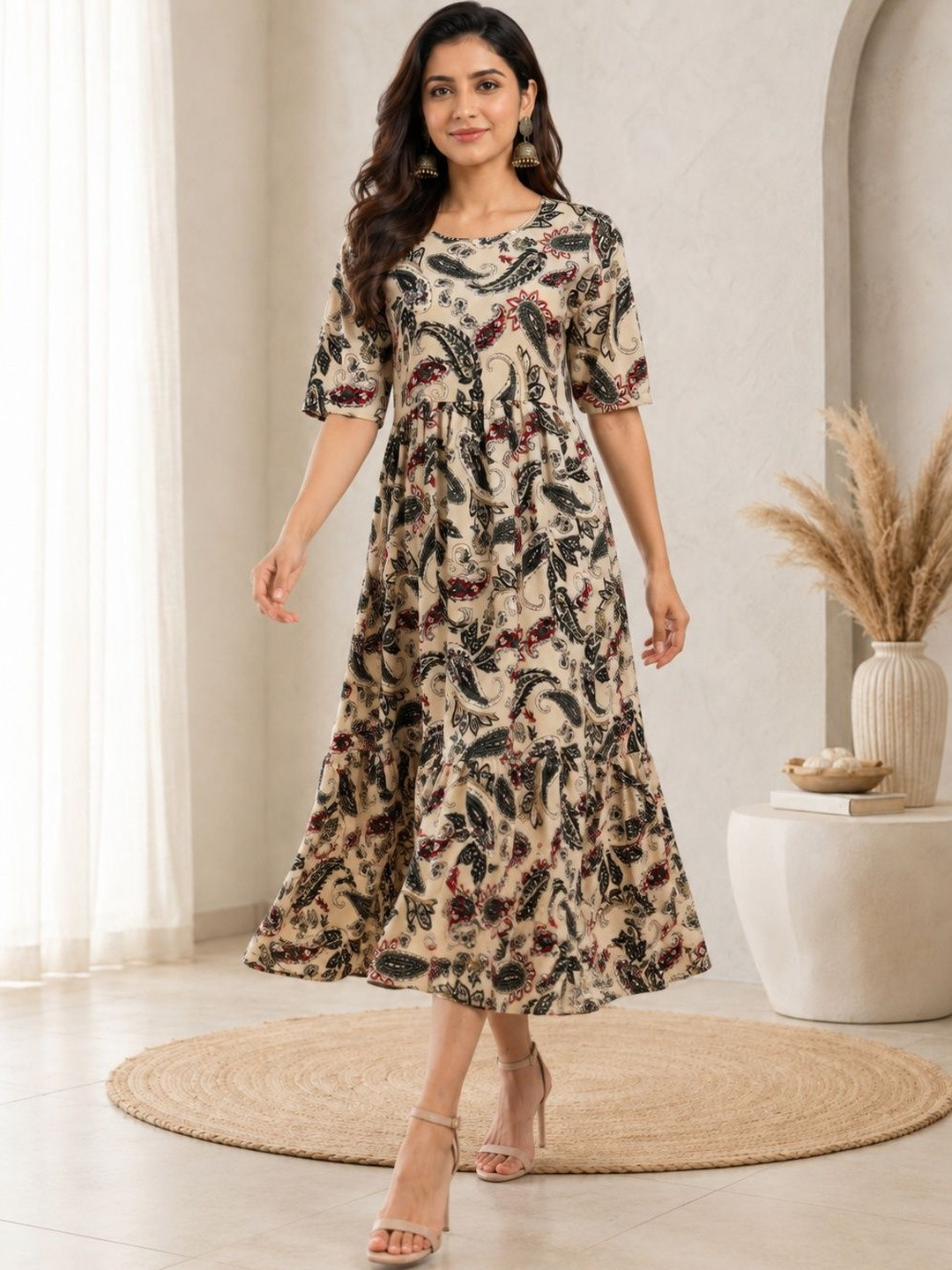 Paisley Print A-Line Midi Dress with Ethnic Motifs