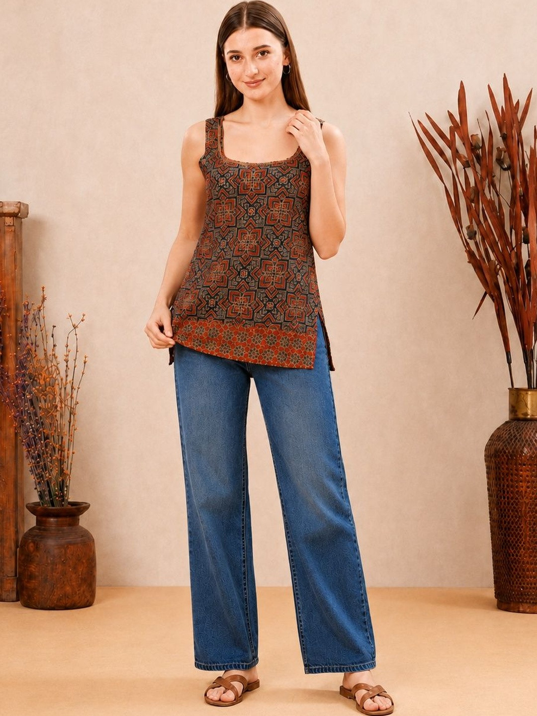 Vansiri Ethnic Motifs Printed Sequinned Pure Cotton Sequinned Kurti