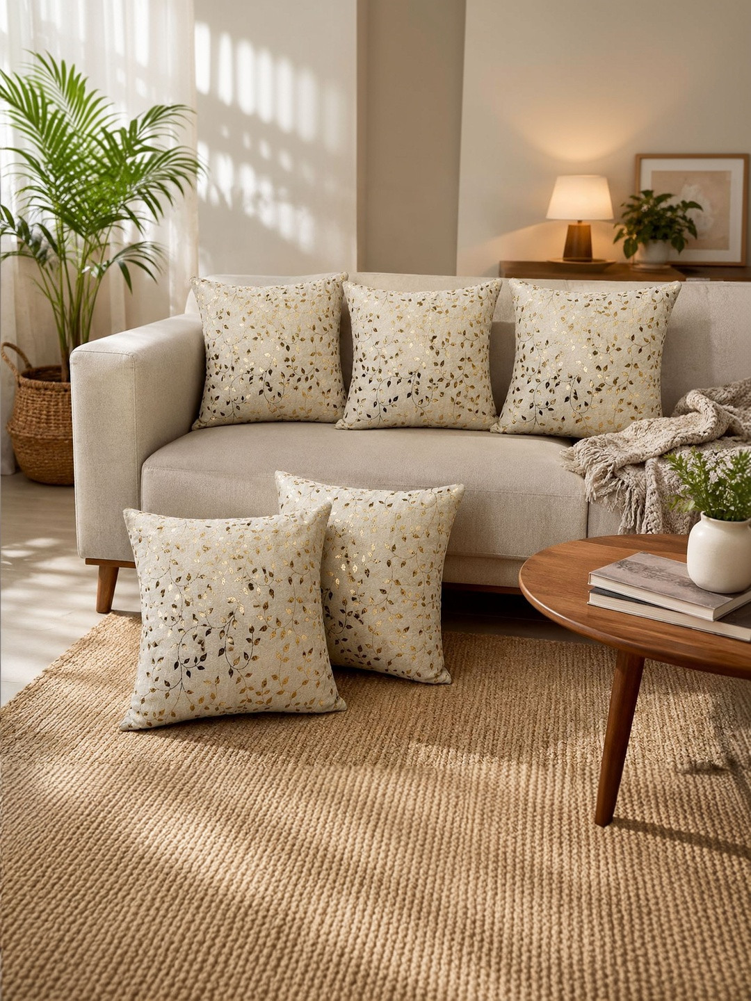 TANLOOMS Gold-Toned Set of 5 Floral Velvet Square Cushion Covers