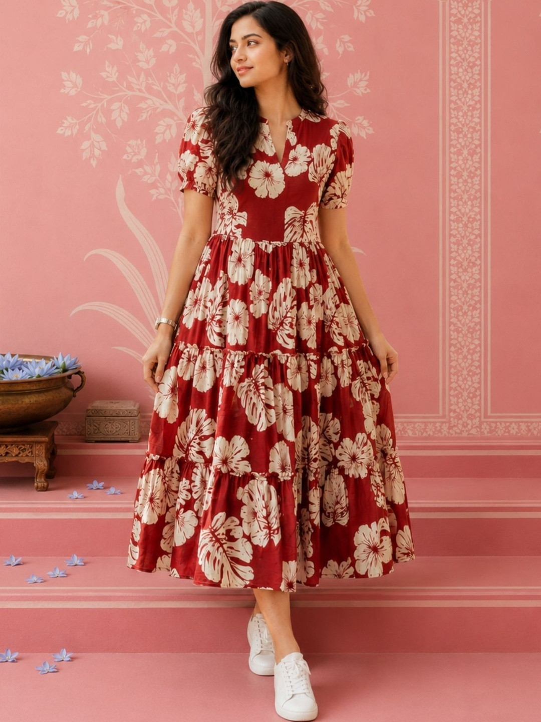 NAVYAAZRI Floral Print Puff Sleeve A-Line Midi Dress