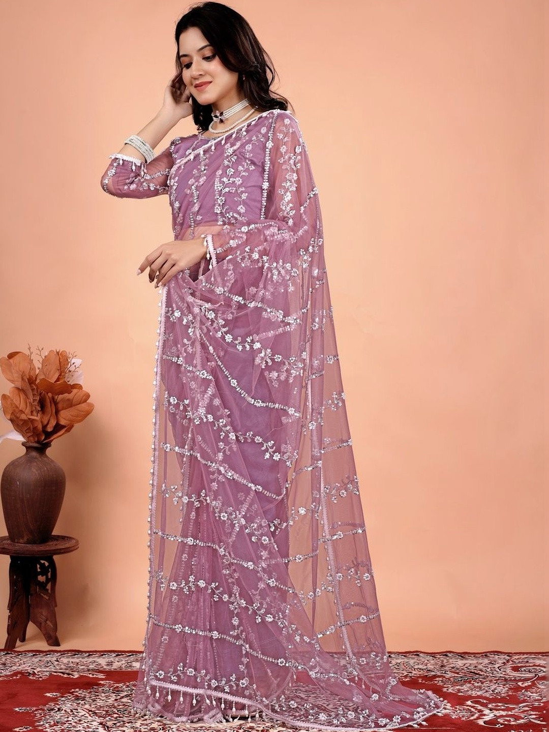 KANYAARI Tamna Purple  Net Saree With Cutdana Work