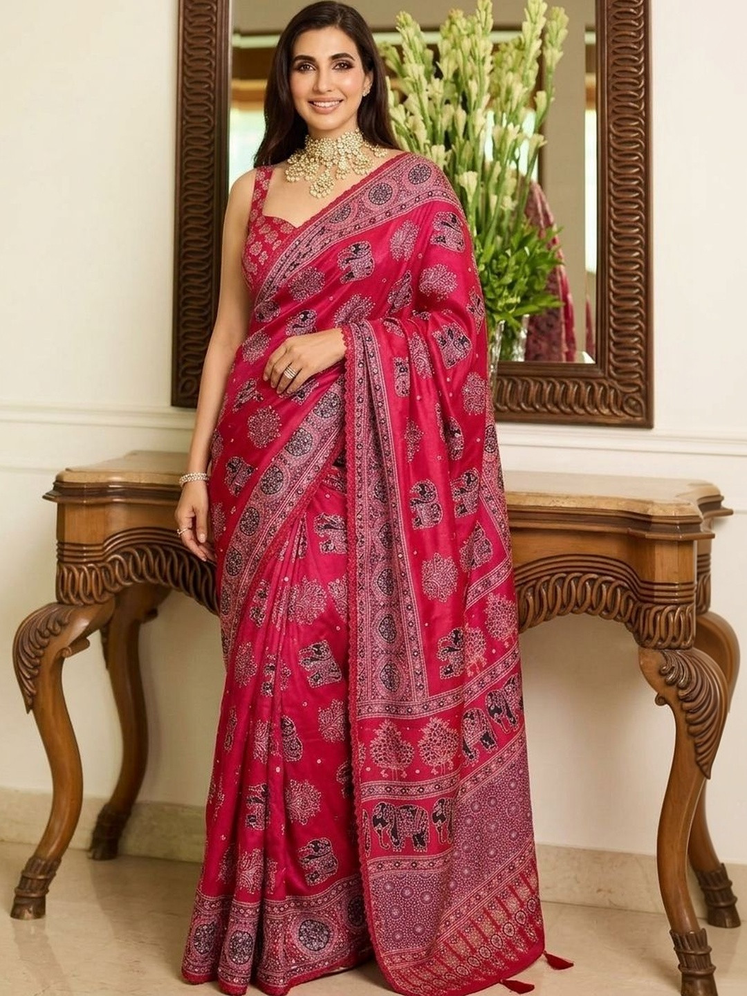 Sangria Ajrak Block Mirror Work Bandhani Saree