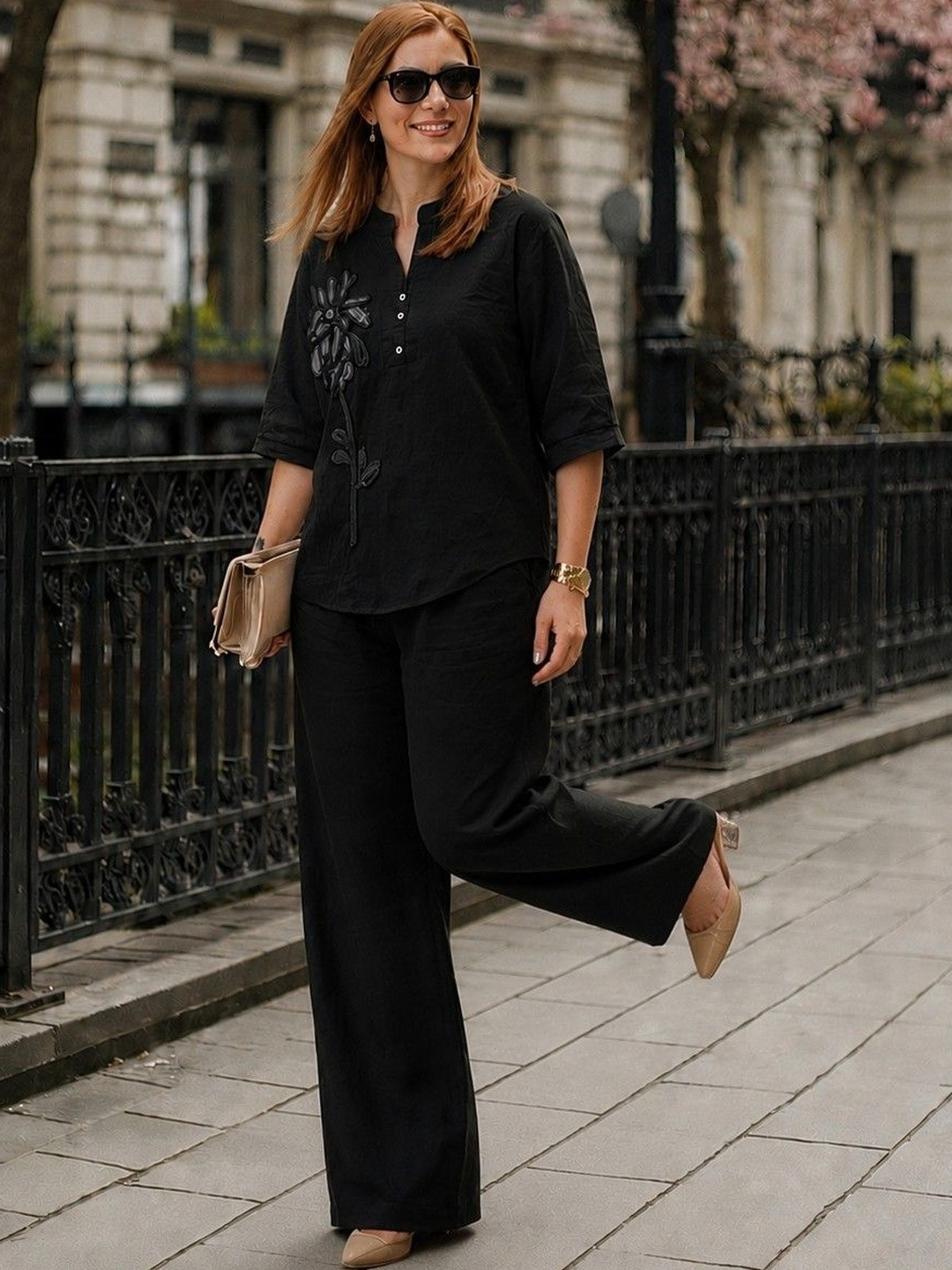 Sangria Linen Embroidered Top with Palazzos