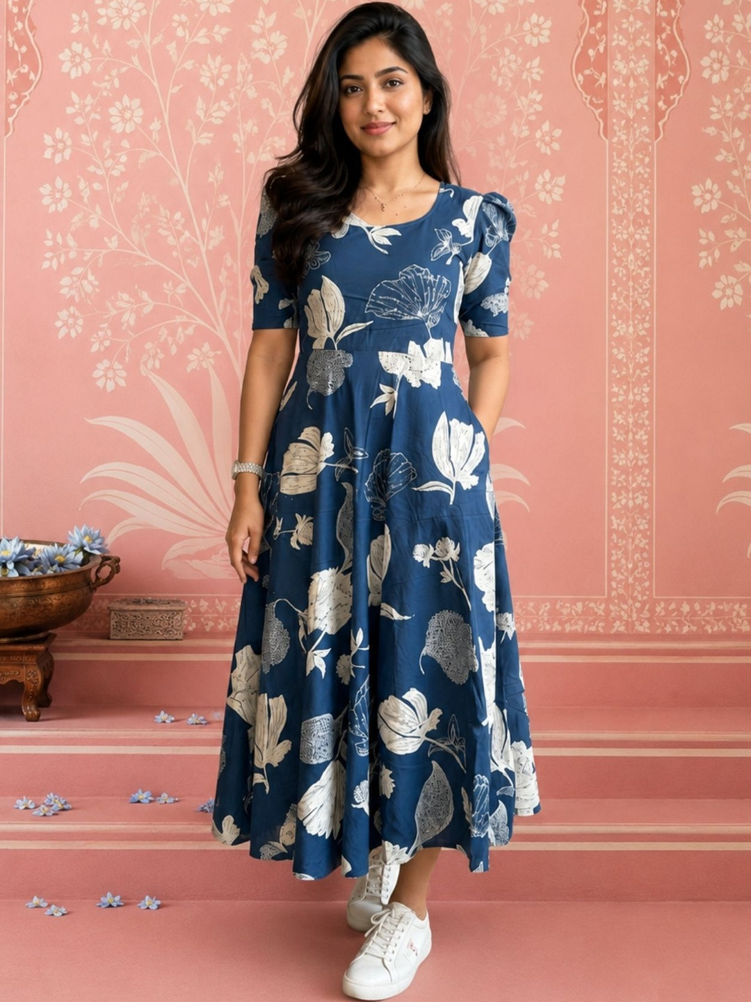 NAVYAAZRI Floral Print Puff Sleeve A-Line Midi Dress