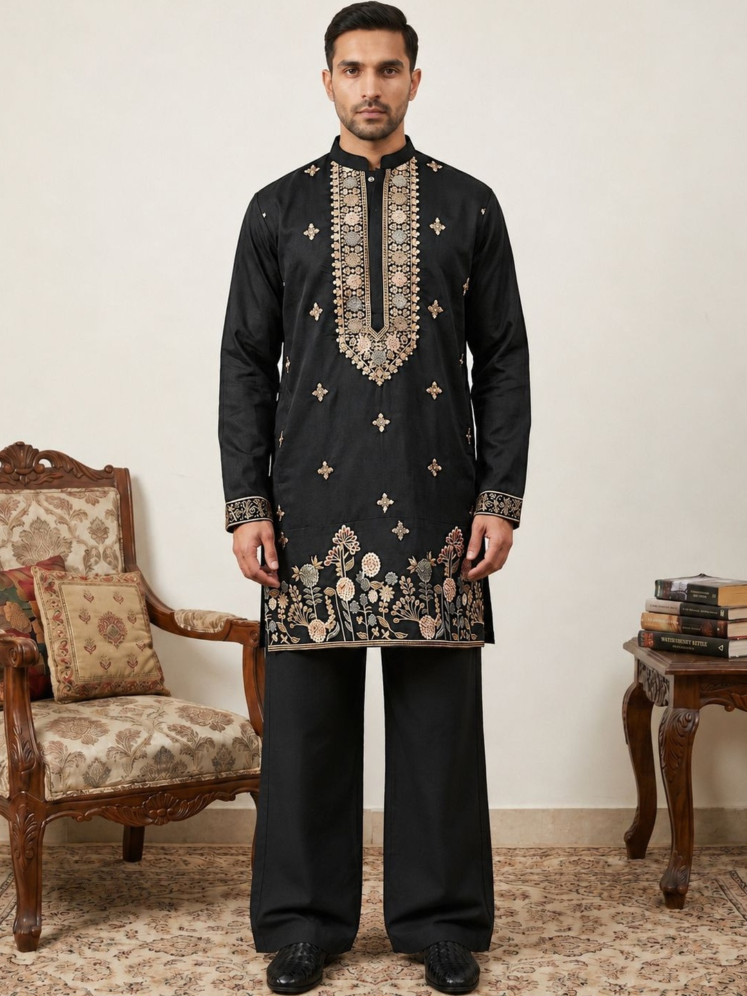 Jompers Men Embroidered Short Kurta With Korean Pants