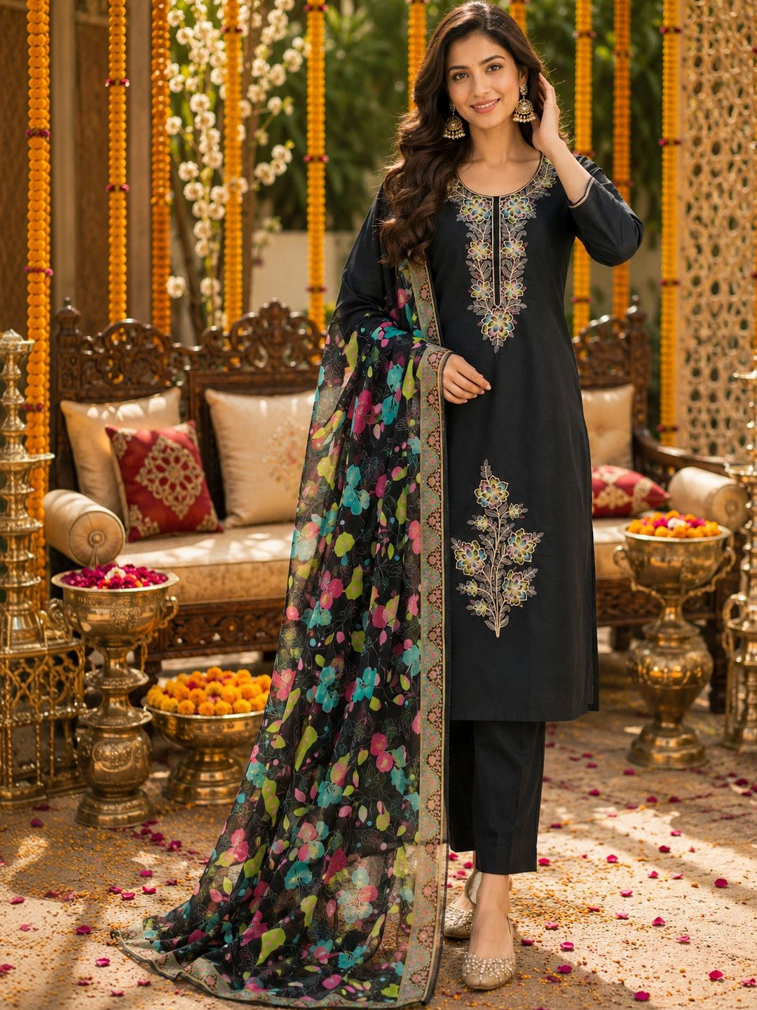 JANKHANA Women Floral Embroidered Regular Thread Work Pure Silk Kurta with Trousers & With Dupatta