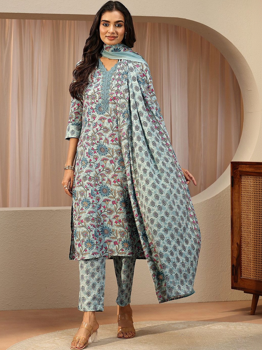 Gerua By Libas Blue Floral Printed Cotton Blend Straight Suit Set