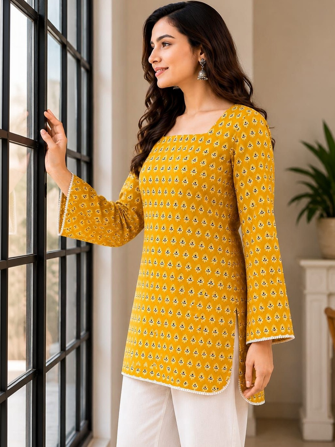 Classy Creation Ethnic Motifs Printed Square Neck Flared Sleeves Kurti