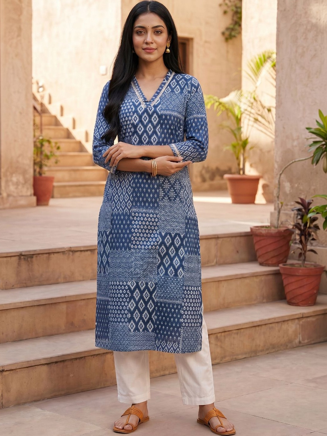 BrownEra Geometric Printed V-Neck Kurti