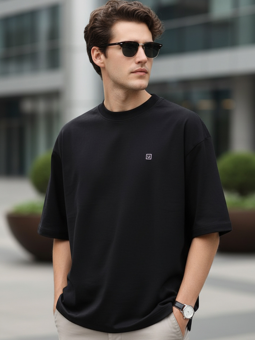 Urbano Fashion Men's Jet Solid Round Neck Oversized Half Sleeve Cotton T-Shirt