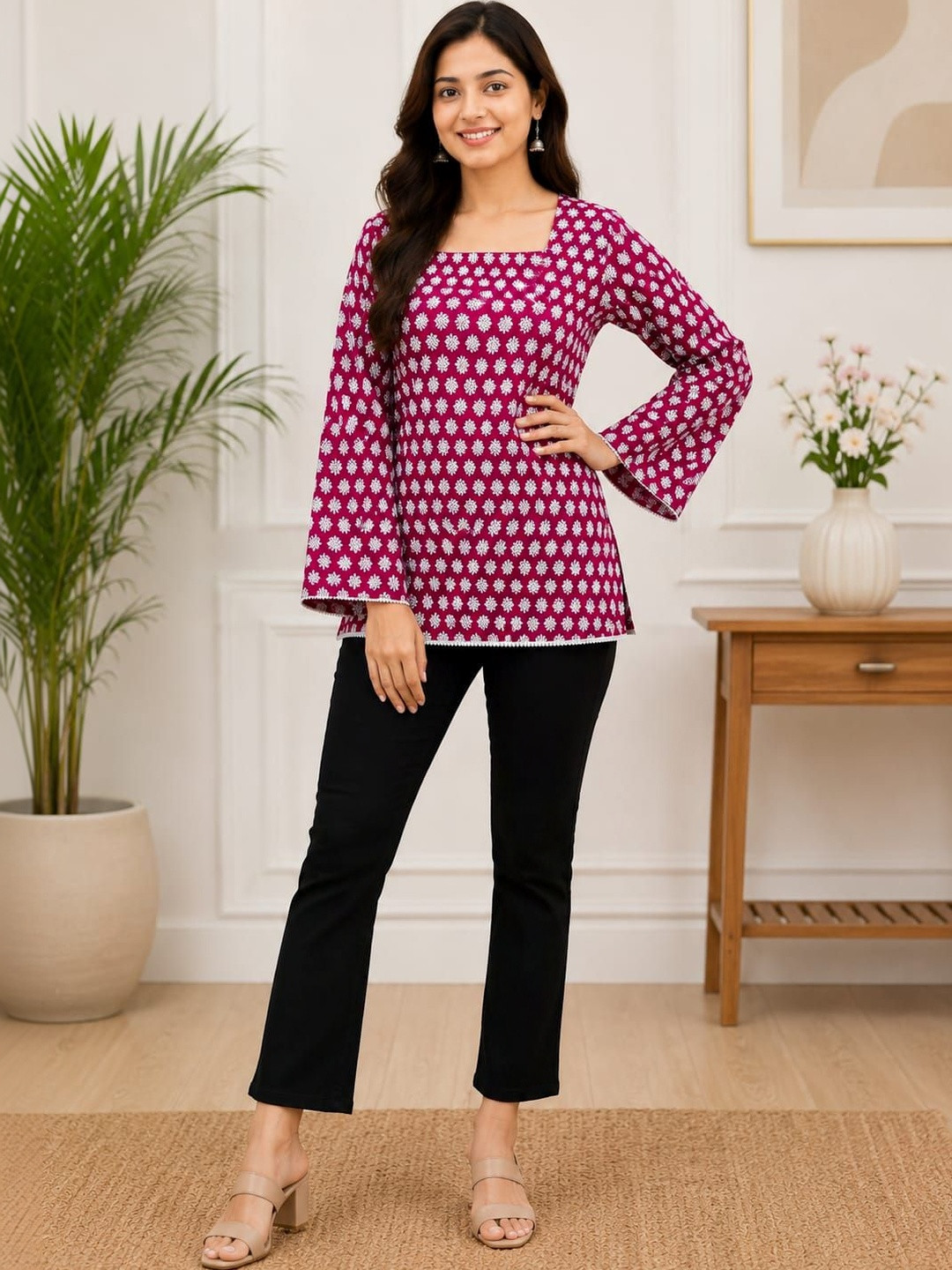 Classy Creation Ethnic Motifs Printed Square Neck Flared Sleeves Kurti