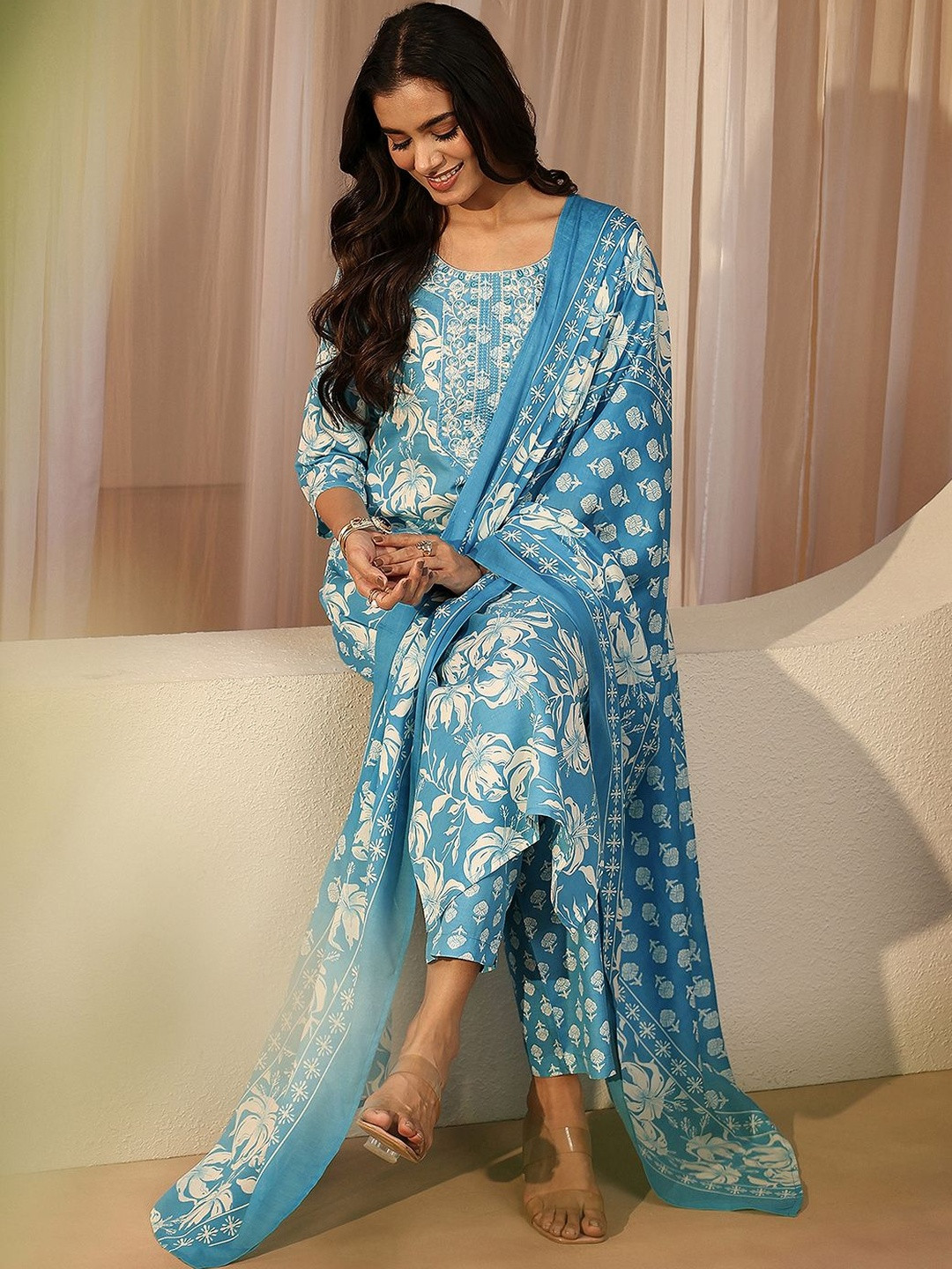 Gerua By Libas Blue Floral Printed Cotton Straight Suit Set