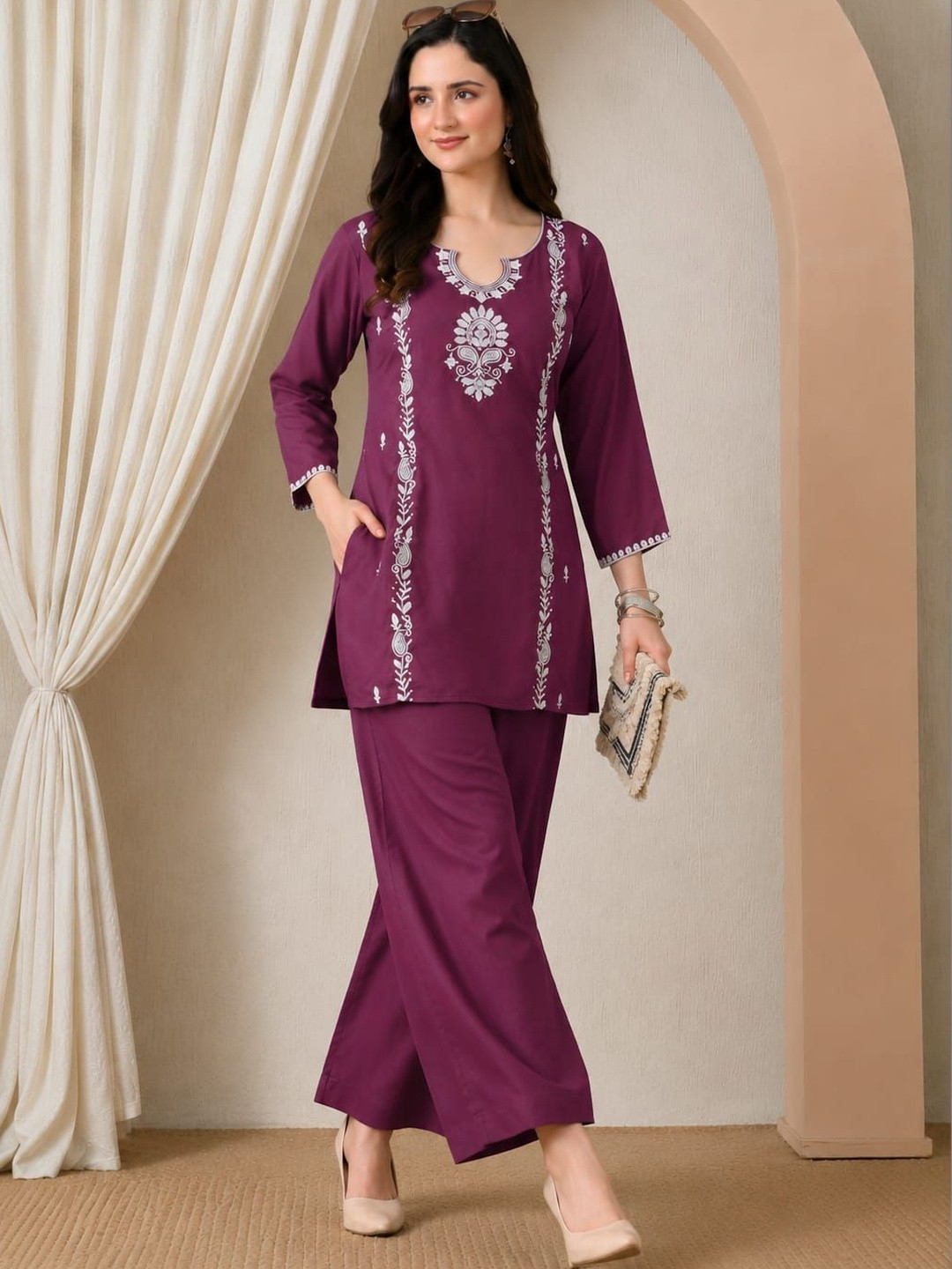ROSHNI Women Floral Embroidered Scoop Neck Viscose Rayon Tunic With Trouser