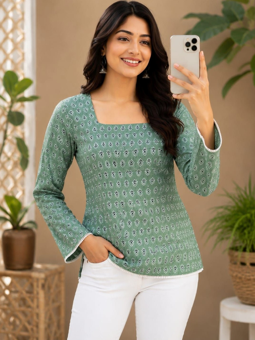 Classy Creation Ethnic Motifs Printed Square Neck Flared Sleeves Kurti