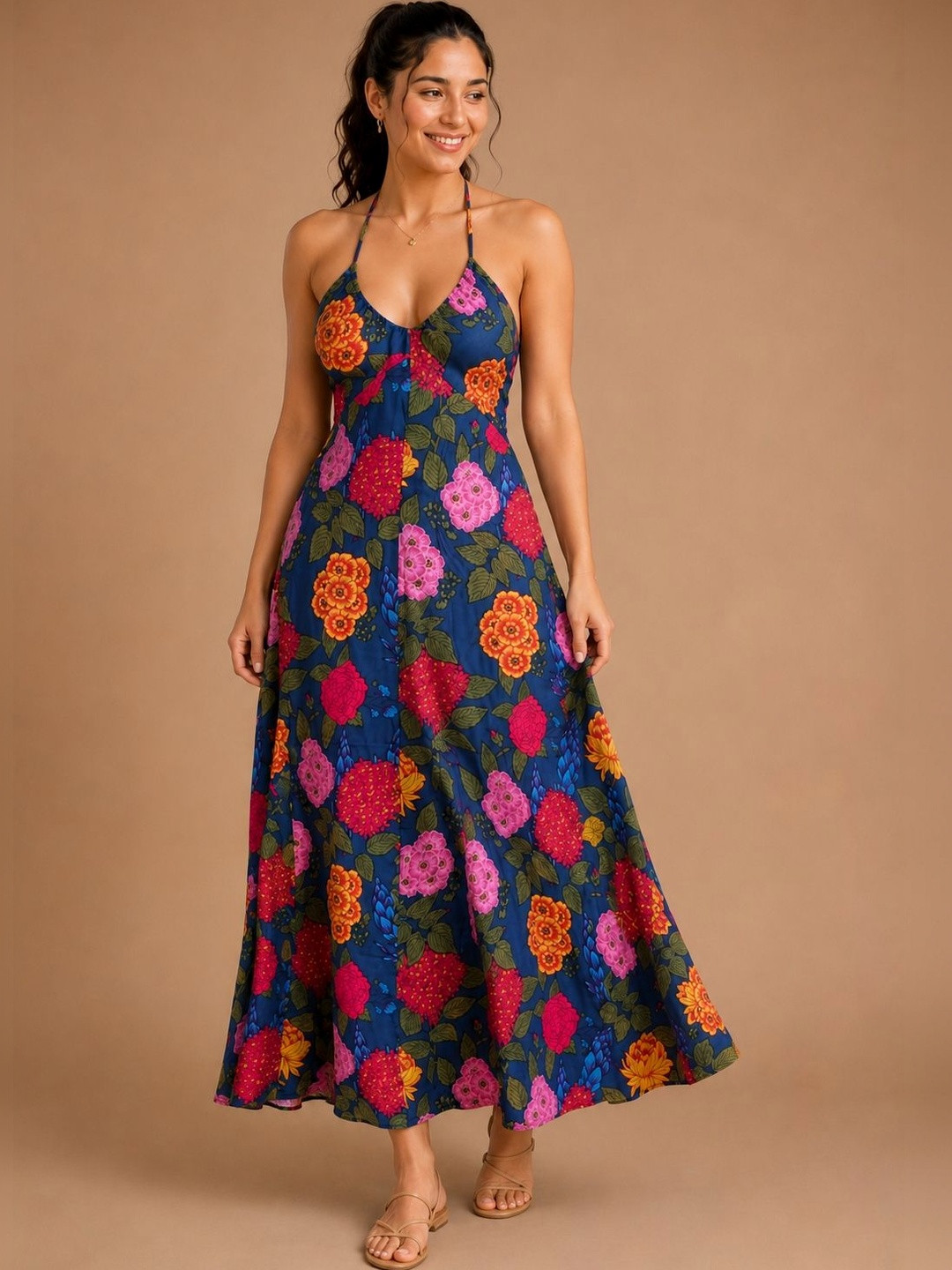 DADA Floral Print Halter Neck A-Line Maxi Dress