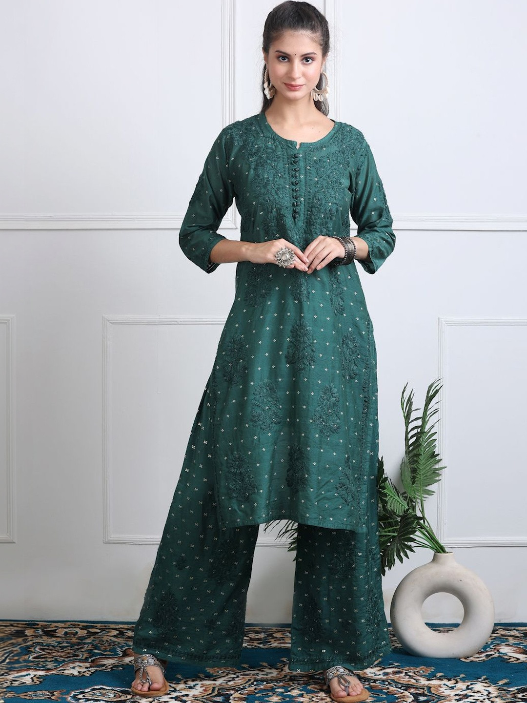 Noorza Chikankari Ethnic Motifs Embroidered Chikankari Chanderi Silk Kurta with Palazzos