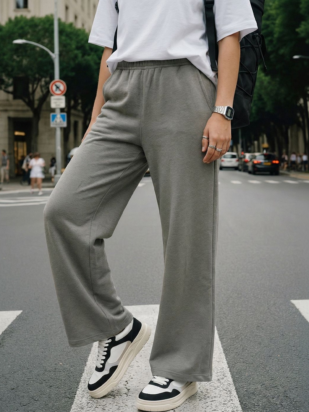NOBERO Women Relaxed Fit Flared Wide Cotton Pants 280 GSM