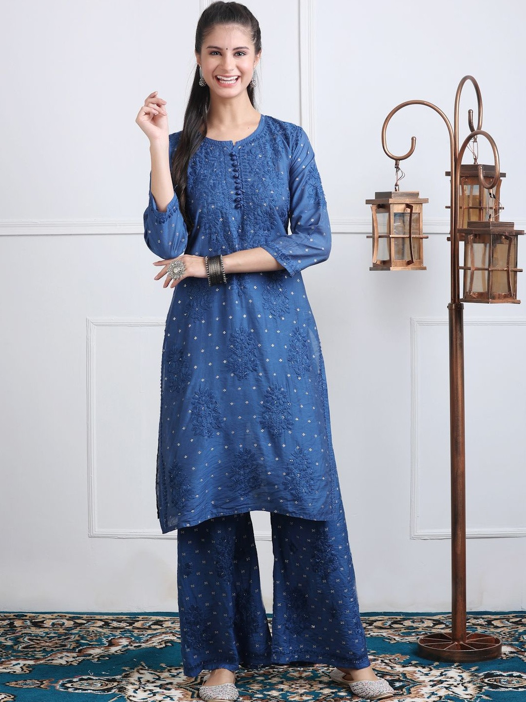 Noorza Chikankari Ethnic Motifs Embroidered Thread Work Chanderi Silk Kurta with Palazzos