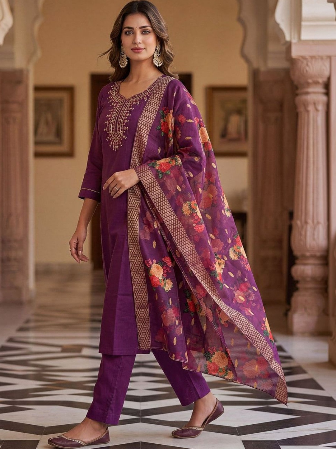 AEBA FASHION Women Floral Embroidered Regular Thread Work Kurta with Trousers & With Dupatta