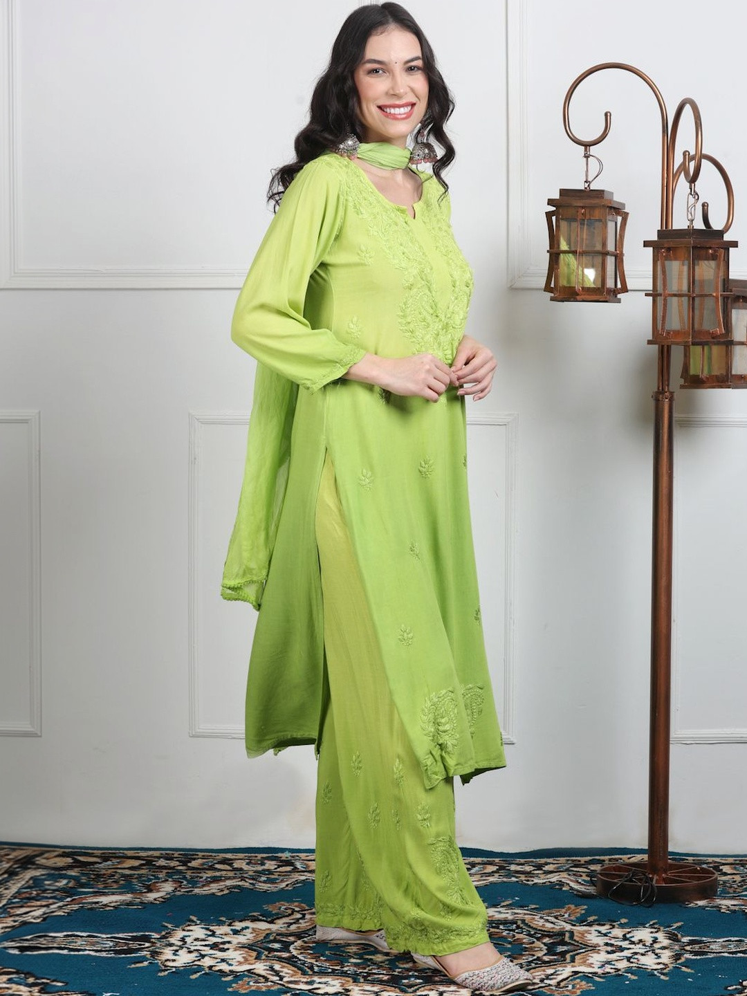 Noorza Chikankari Ethnic Motifs Embroidered Thread Work Kurta with Palazzos & With Dupatta