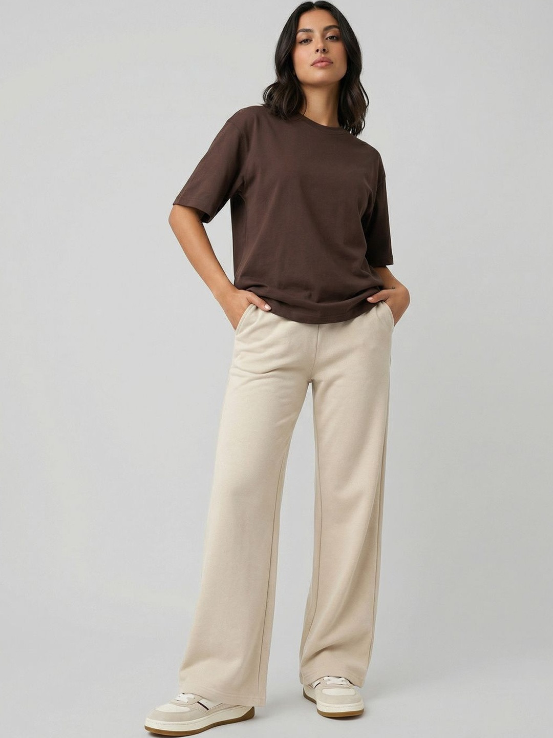 NOBERO Women Relaxed Fit Flared Wide Cotton Pants 280 GSM