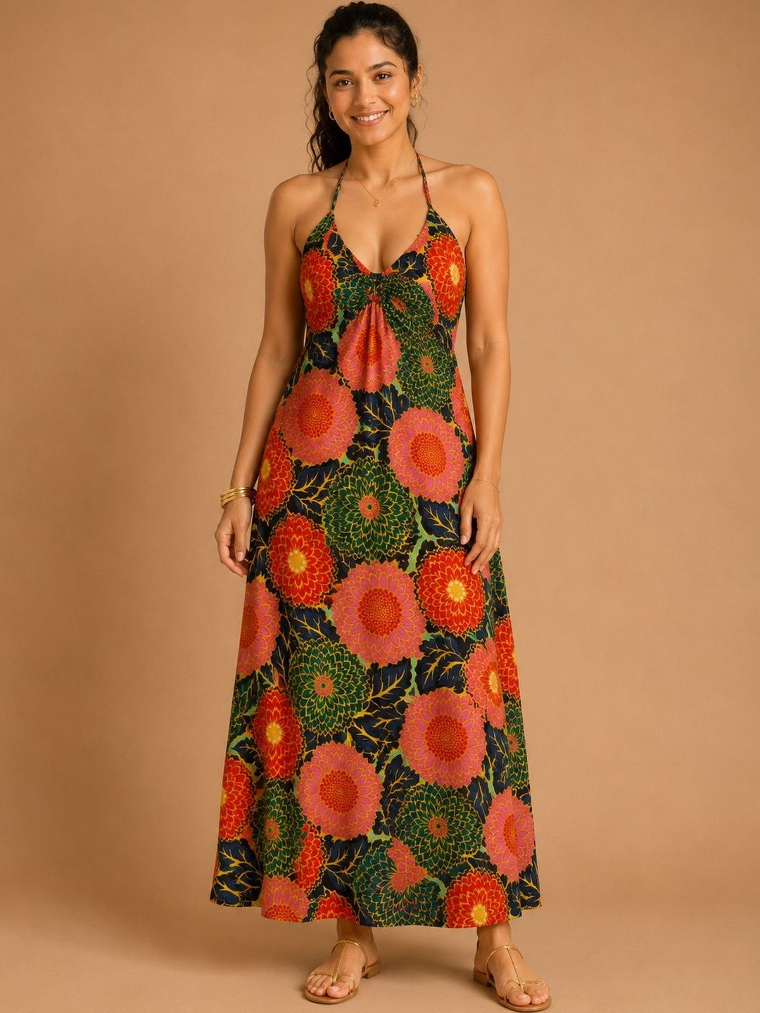 DADA Floral Print Halter Neck A-Line Maxi Dress