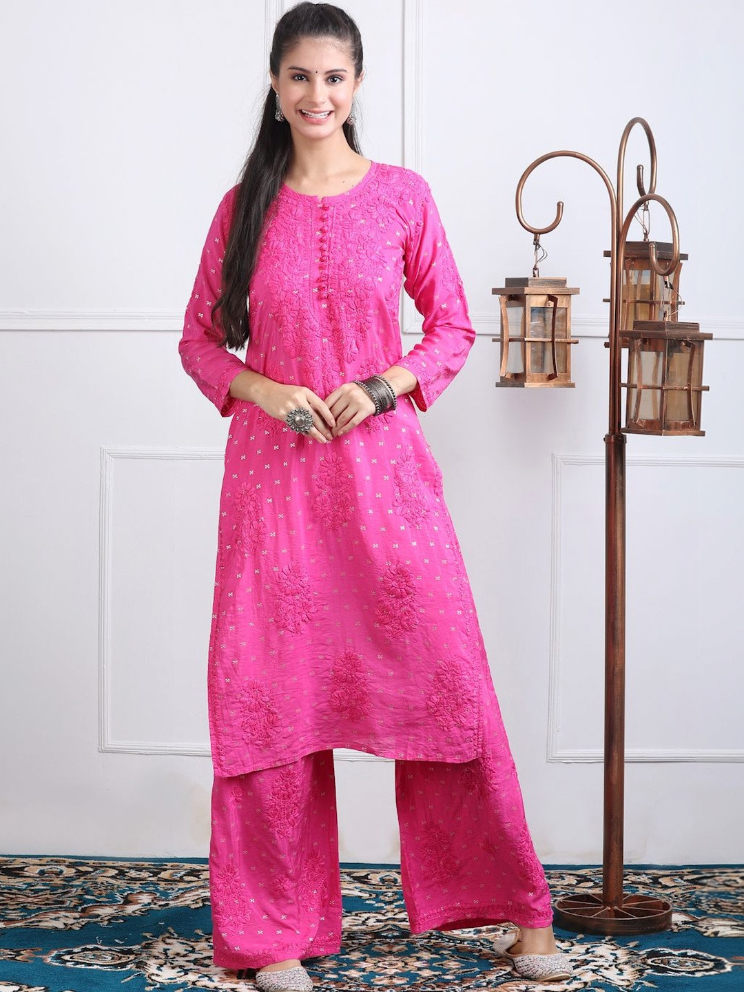 Noorza Chikankari Ethnic Motifs Embroidered Thread Work Chanderi Silk Kurta with Palazzos