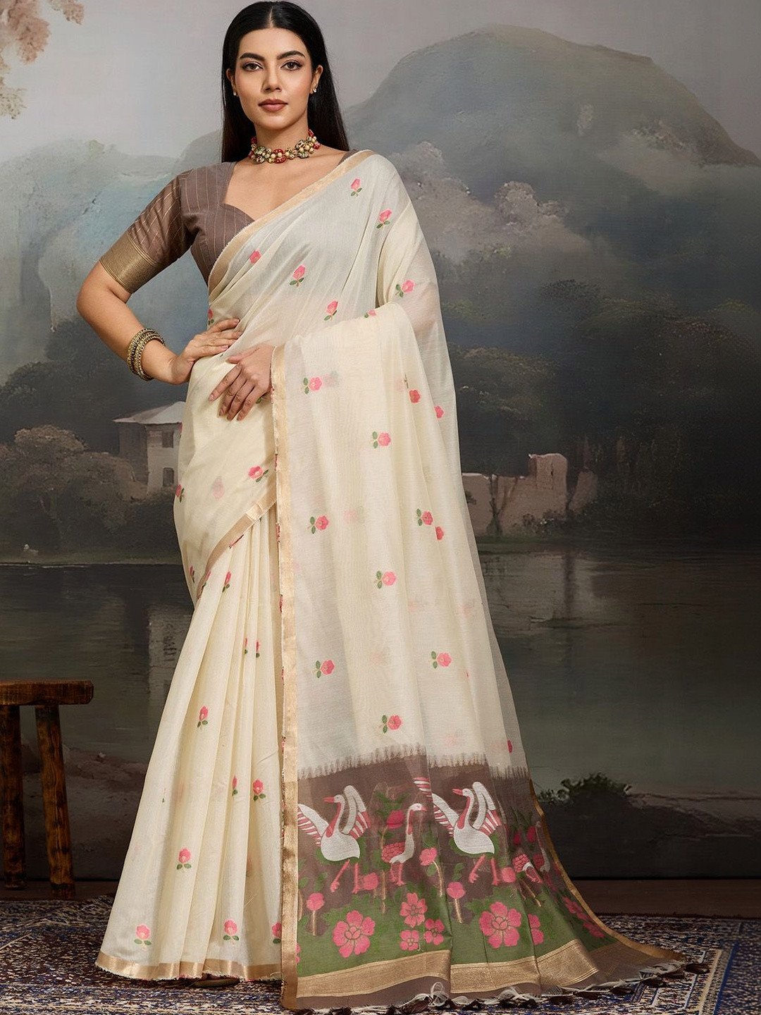 House of Pataudi Floral Pure Cotton Designer Muga Saree
