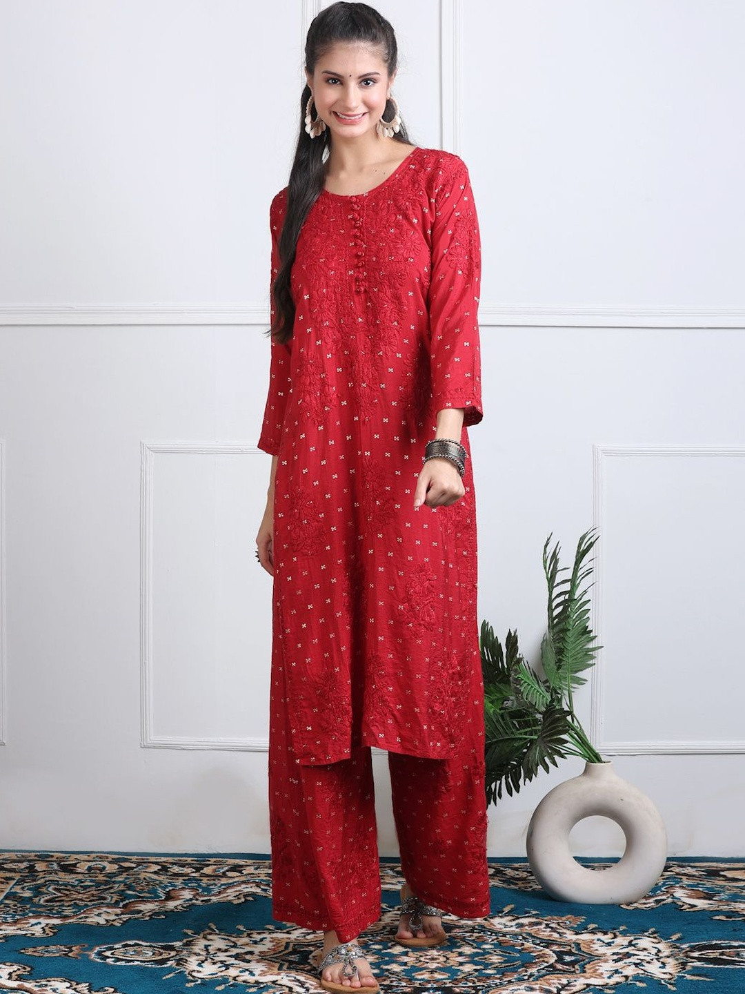 Noorza Chikankari Ethnic Motifs Embroidered Chikankari Chanderi Silk Kurta with Palazzos