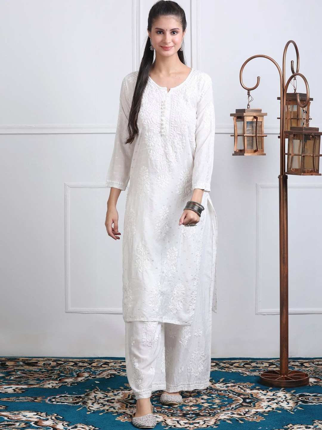 Noorza Chikankari Ethnic Motifs Embroidered Chikankari Chanderi Silk Kurta with Palazzos