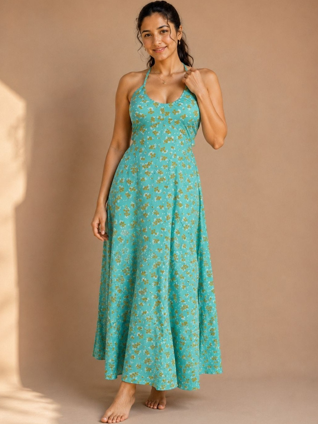 DADA Floral Print Halter Neck A-Line Maxi Dress