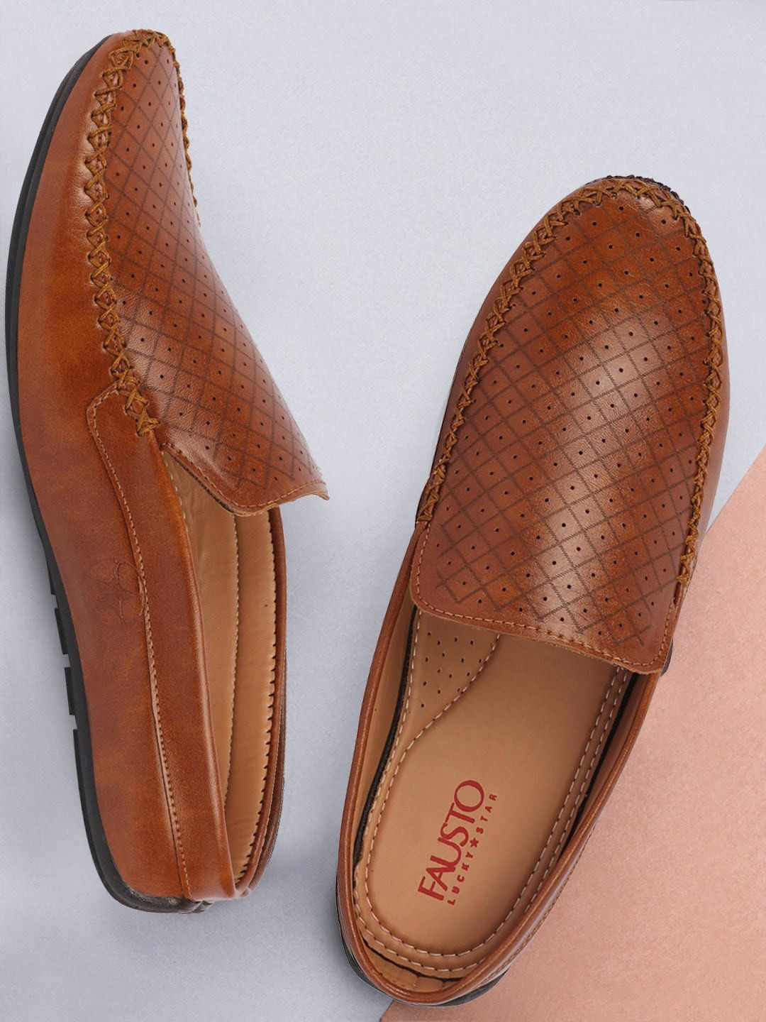 FAUSTO Men Tan Stitched Block Design Pattern Back Open Slip On Loafer Shoes