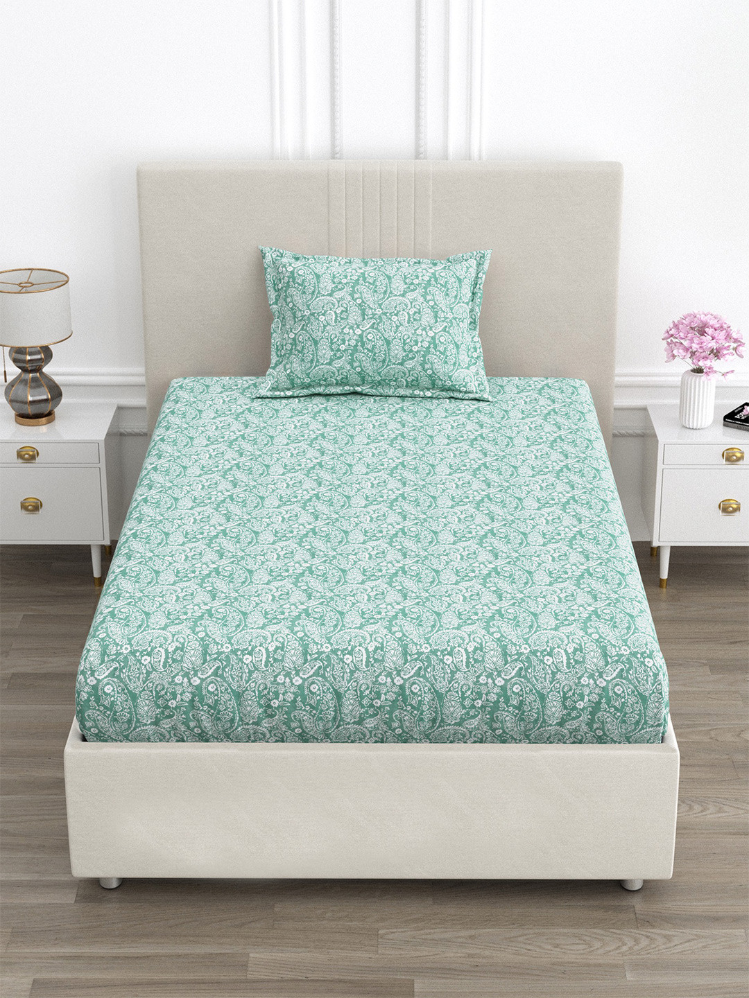 FABROLI Green & Multicoloured Floral 300 TC Single Bedsheet with 1 Pillow Covers