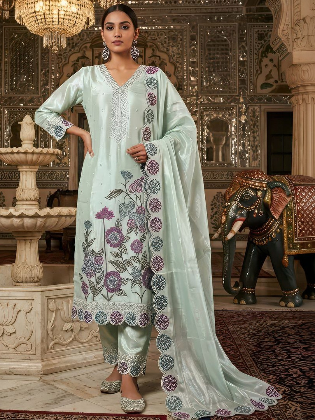 Moda Rapido Women Floral Embroidered Regular Thread Work Kurta with Trousers & With Dupatta