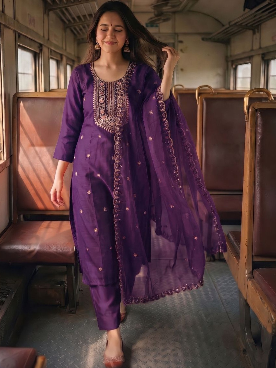 Moda Rapido Women Ethnic Motifs Embroidered Regular Thread Work Kurta with Trousers & With Dupatta
