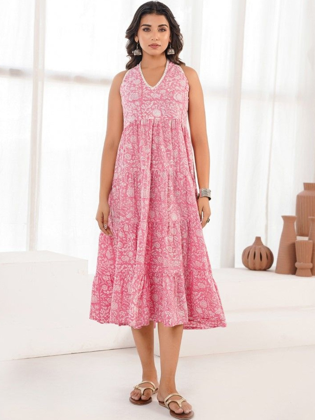 GOODHAND Floral Print A-Line Midi Dress