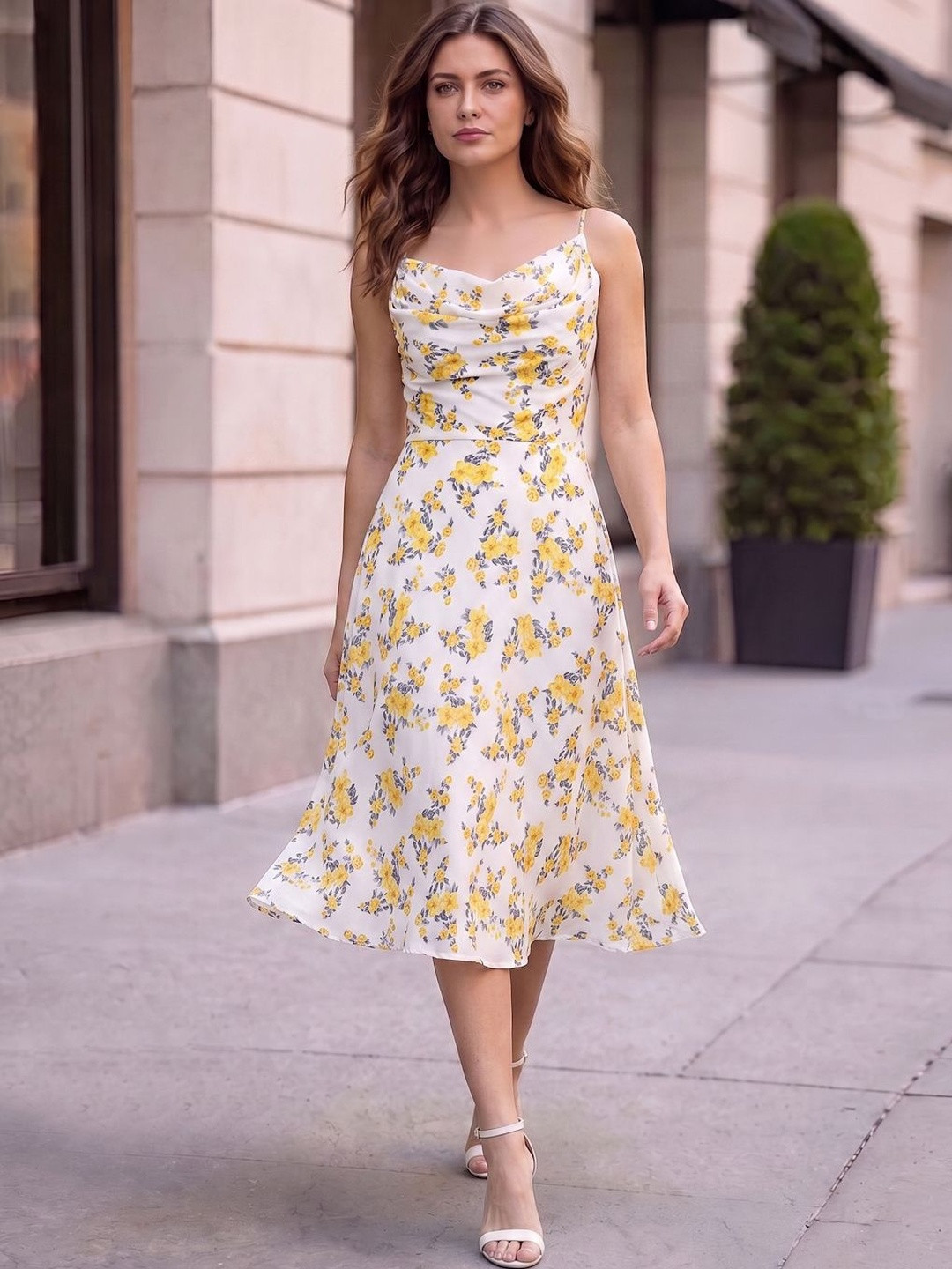 Aayu Floral Printed Shoulder Straps Fit & Flare Georgette Midi Dress