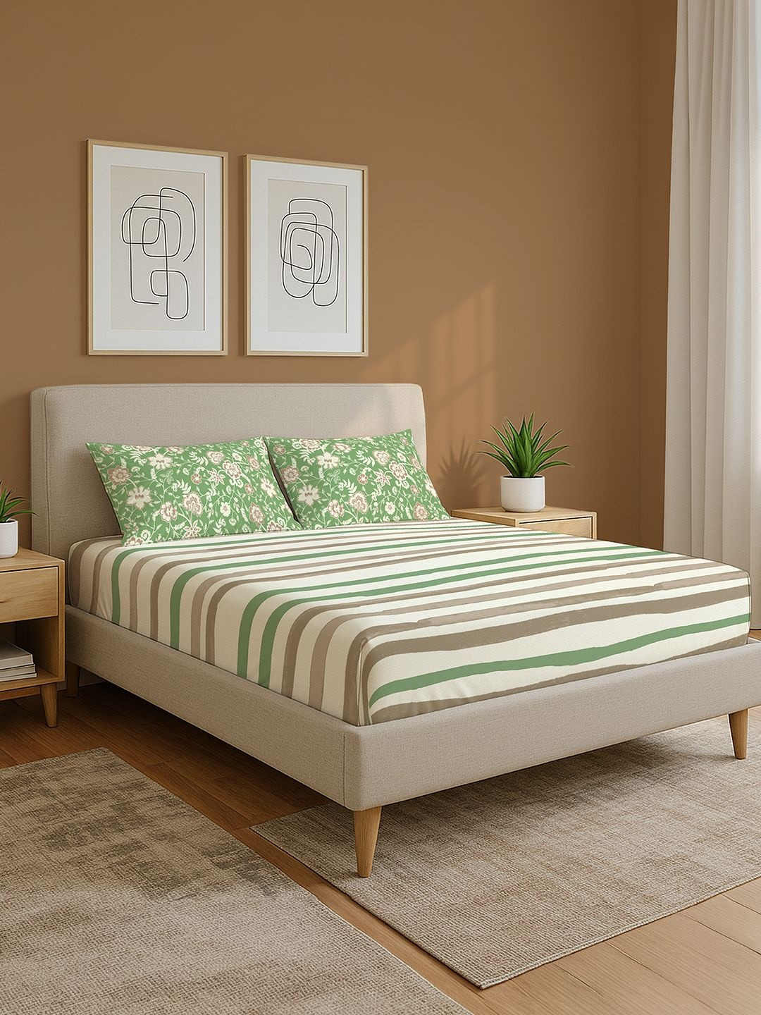 Divine Green & White Striped Cotton 144 Tc Queen Bedsheet Set