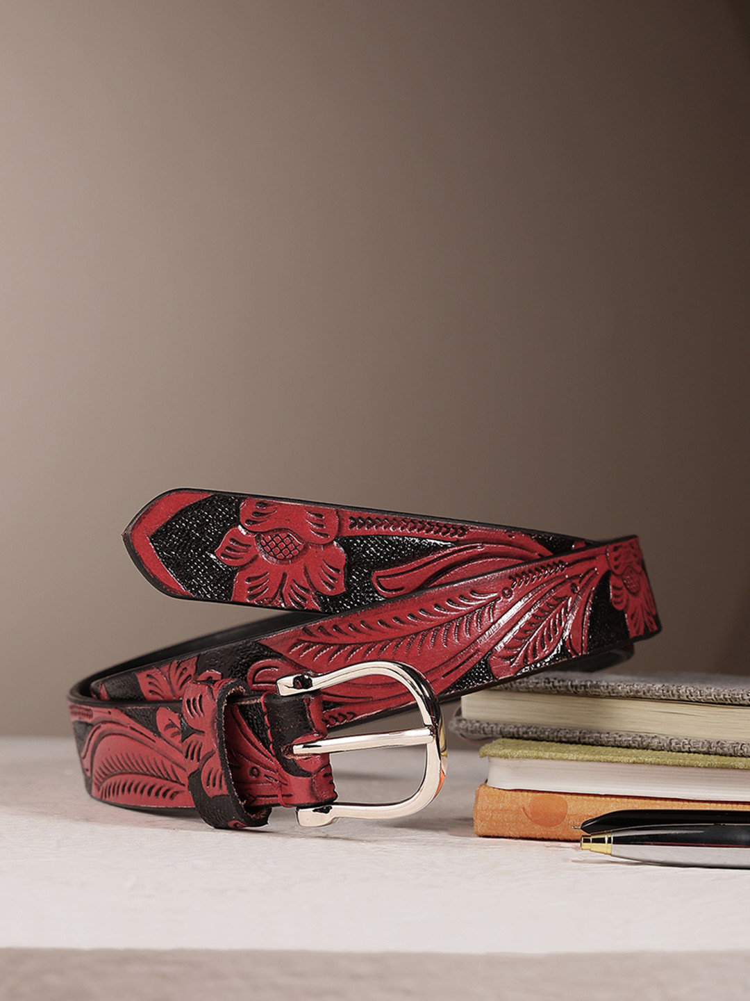 Celtic Women Red Textured Leather Belt Elegant Tang Closure