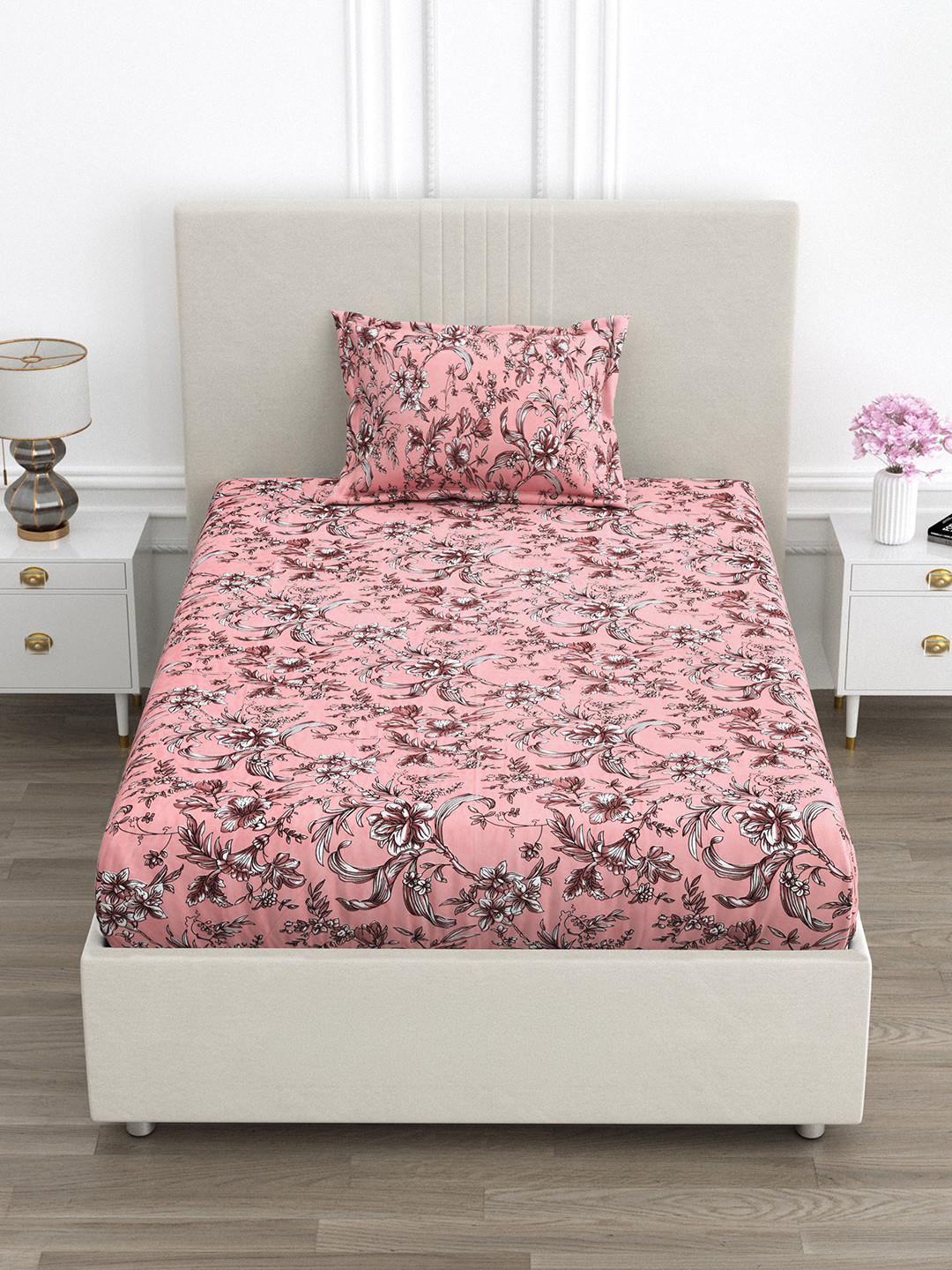 FABROLI Red & Multicoloured Floral 300 TC Single Bedsheet with 1 Pillow Covers