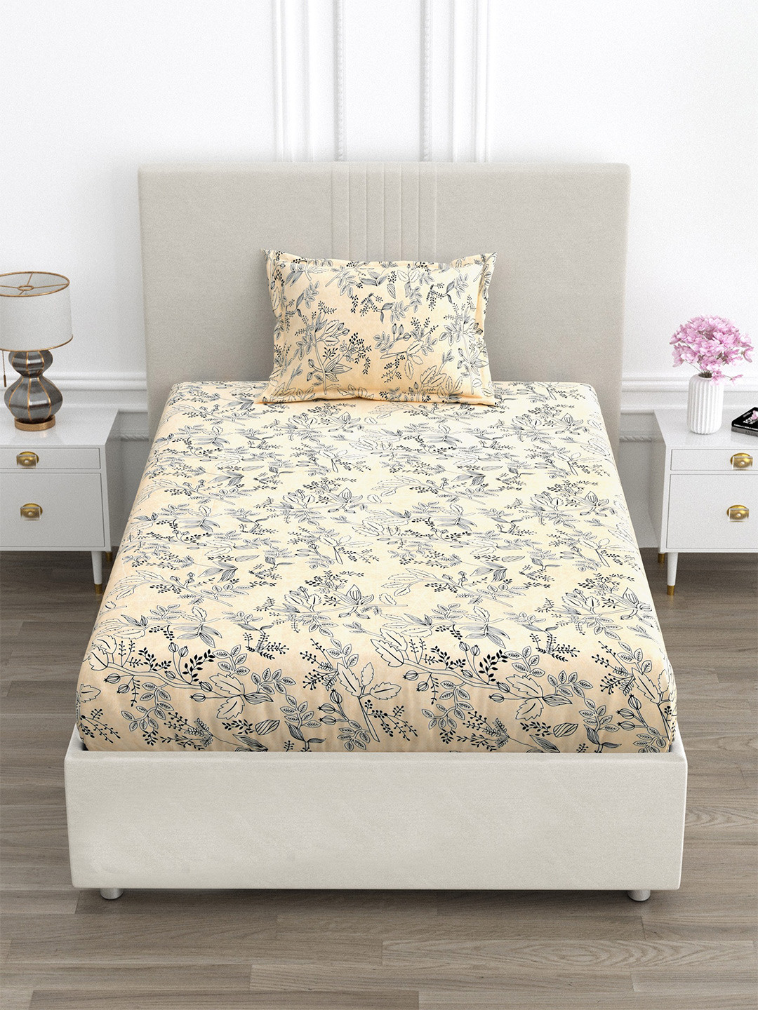 FABROLI Beige & Multicoloured Floral 300 TC Single Bedsheet with 1 Pillow Covers