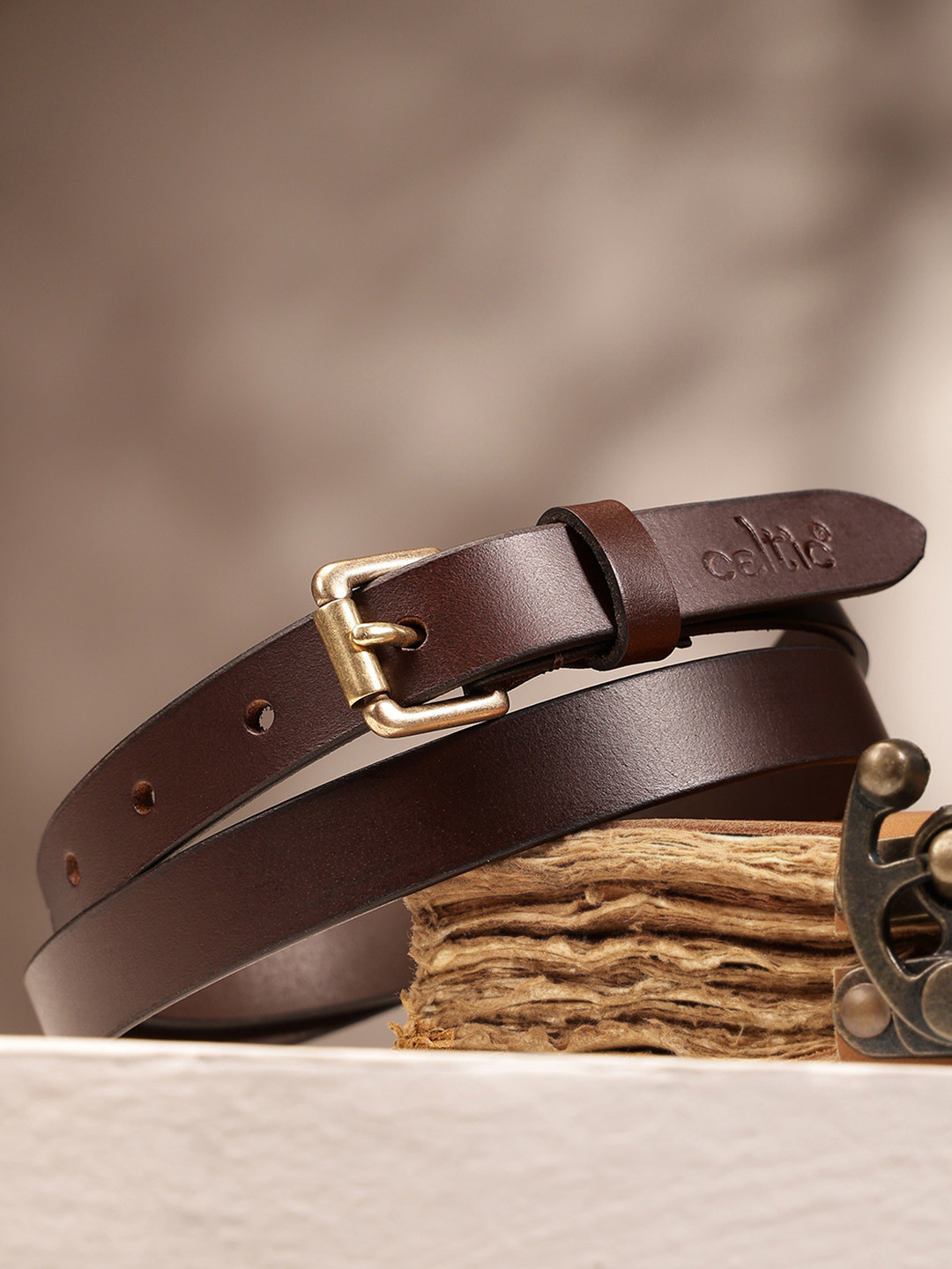 Celtic Men's Brown Striped Textured Leather Belt with Tang Closure