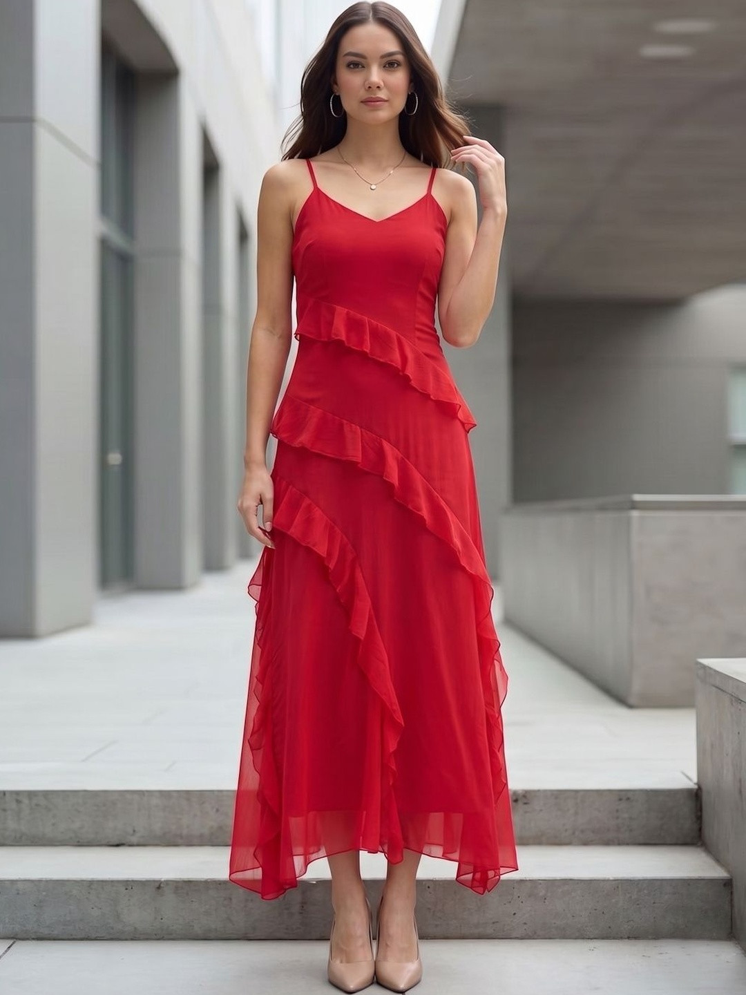 Aayu Ruffled Chiffon A-Line Maxi Dress