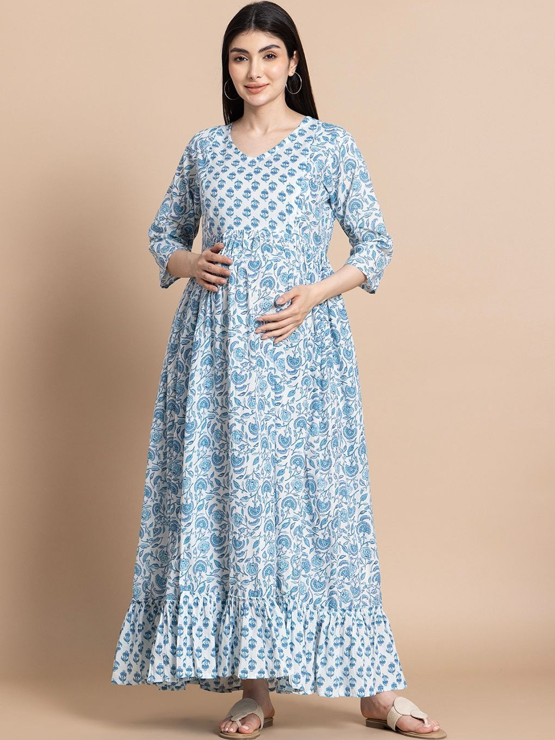 Pahanawa Floral Print Ruffled Maternity Maxi Dress