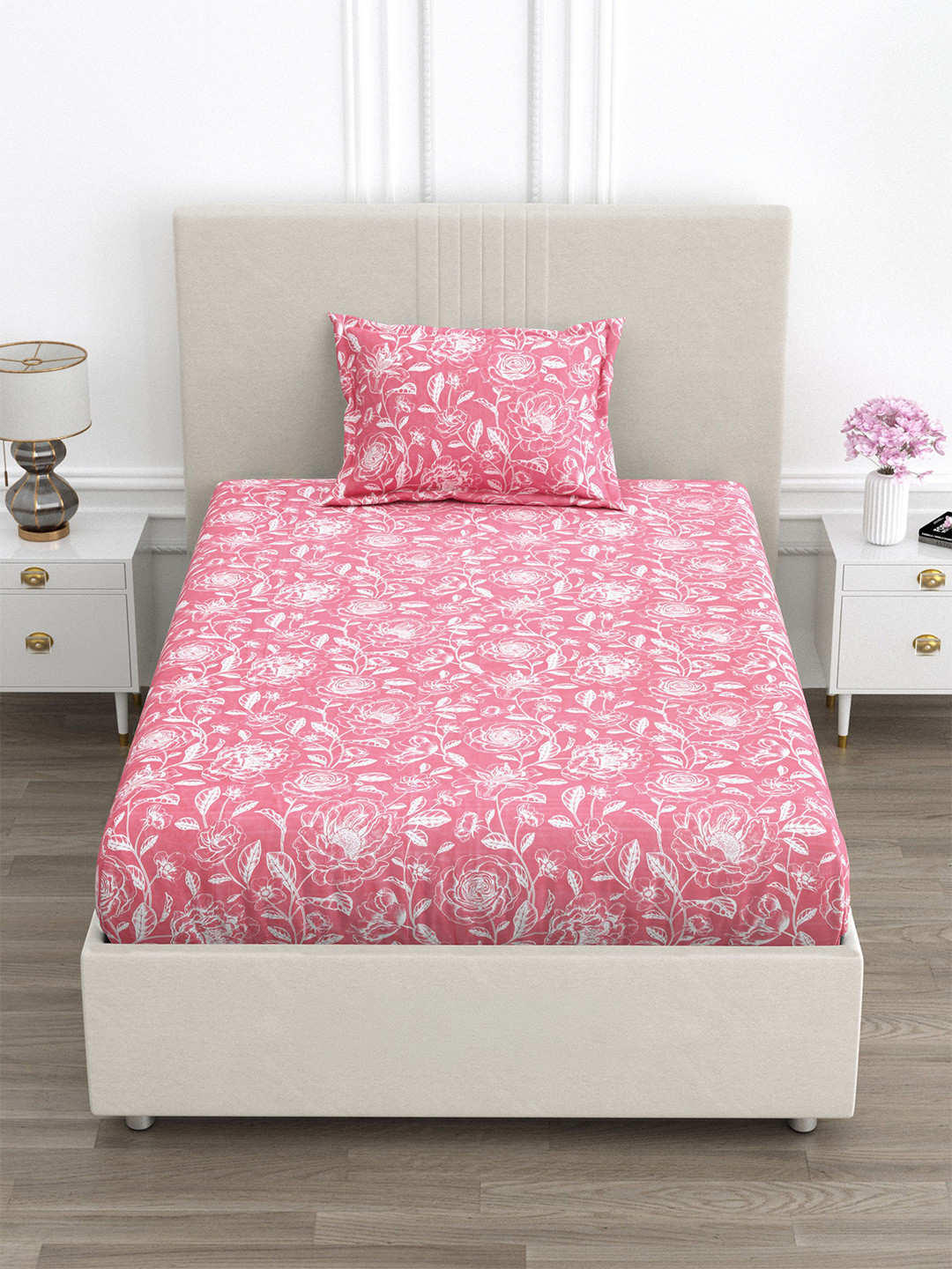 FABROLI Red & Multicoloured Floral 300 TC Single Bedsheet with 1 Pillow Covers