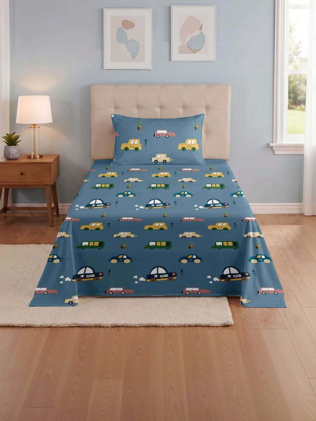 TINDLER KNOTS Grey & Blue Cartoon Characters 180 TC Single Bedsheet with 1 Pillow Covers