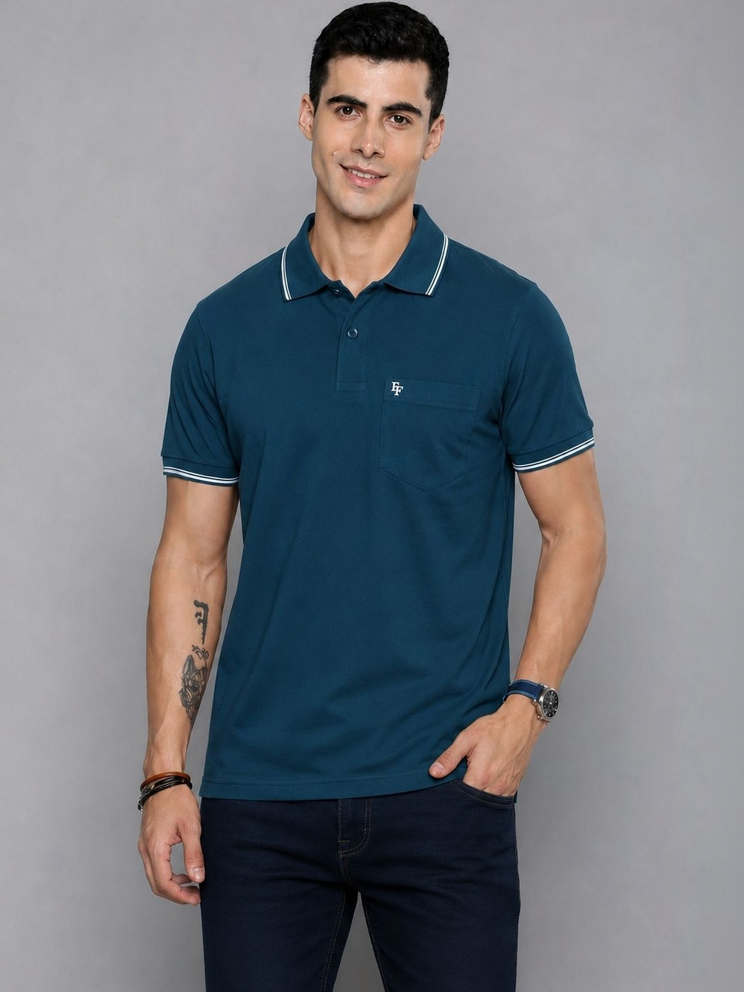 FEVERFEW Men Brand Logo Polo Collar Pockets T-shirt