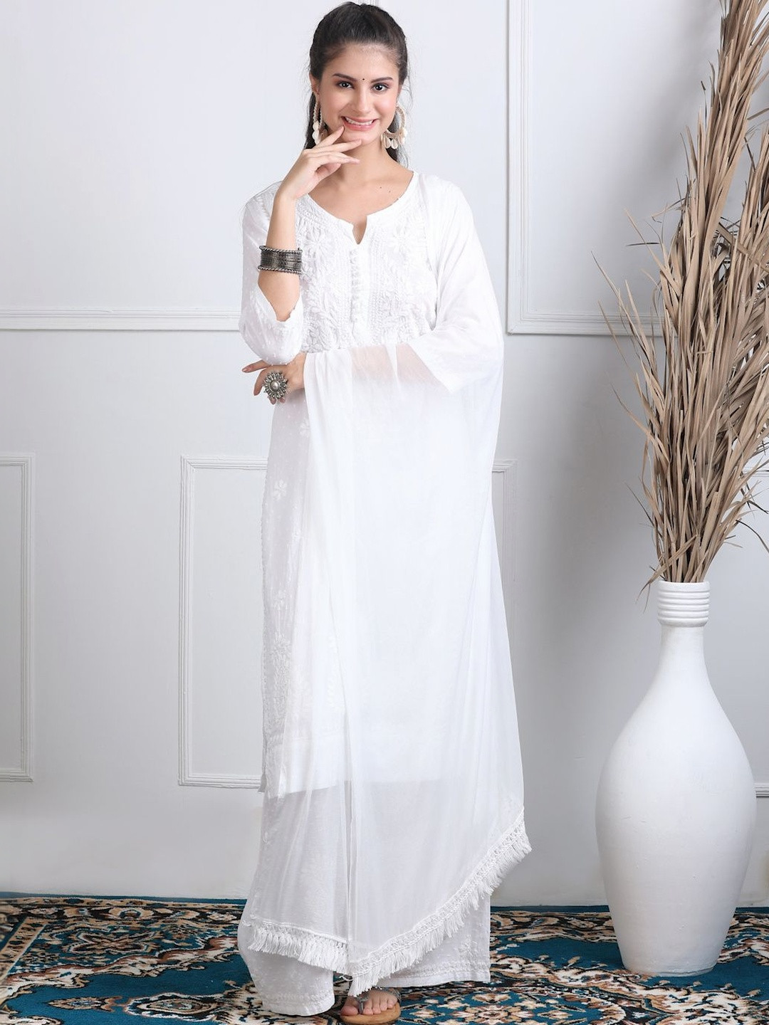 Noorza Chikankari Women Floral Embroidered Regular Chikankari Pure Cotton Kurta with Palazzos & With Dupatta