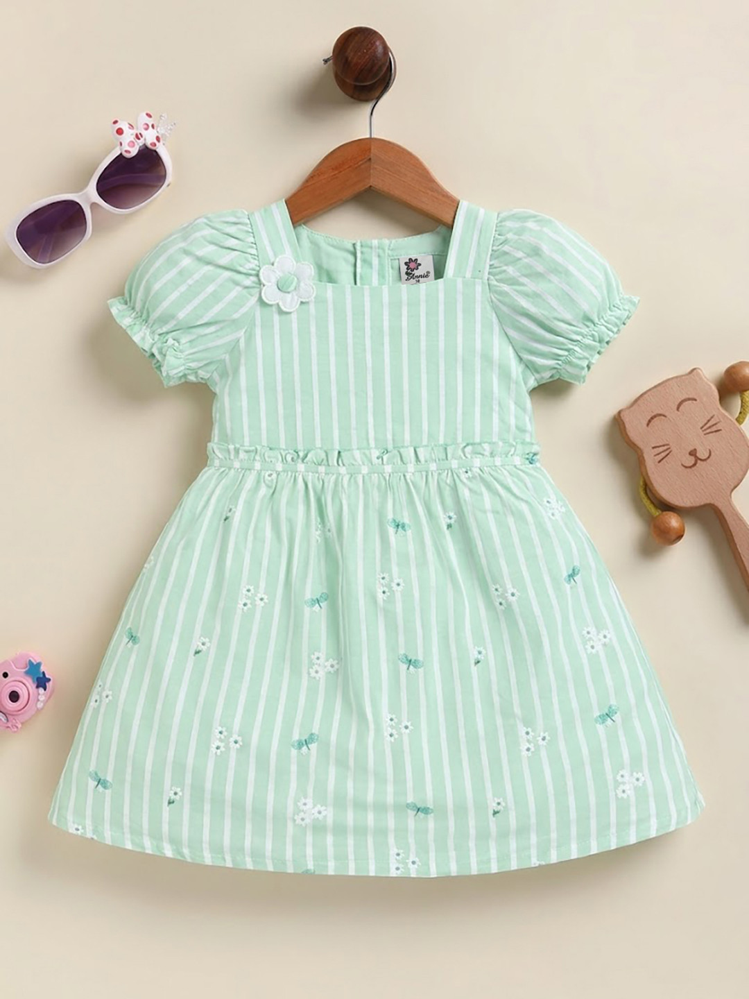 Annie Striped Puff Sleeve Pure Cotton Ruffled A-Line Dress