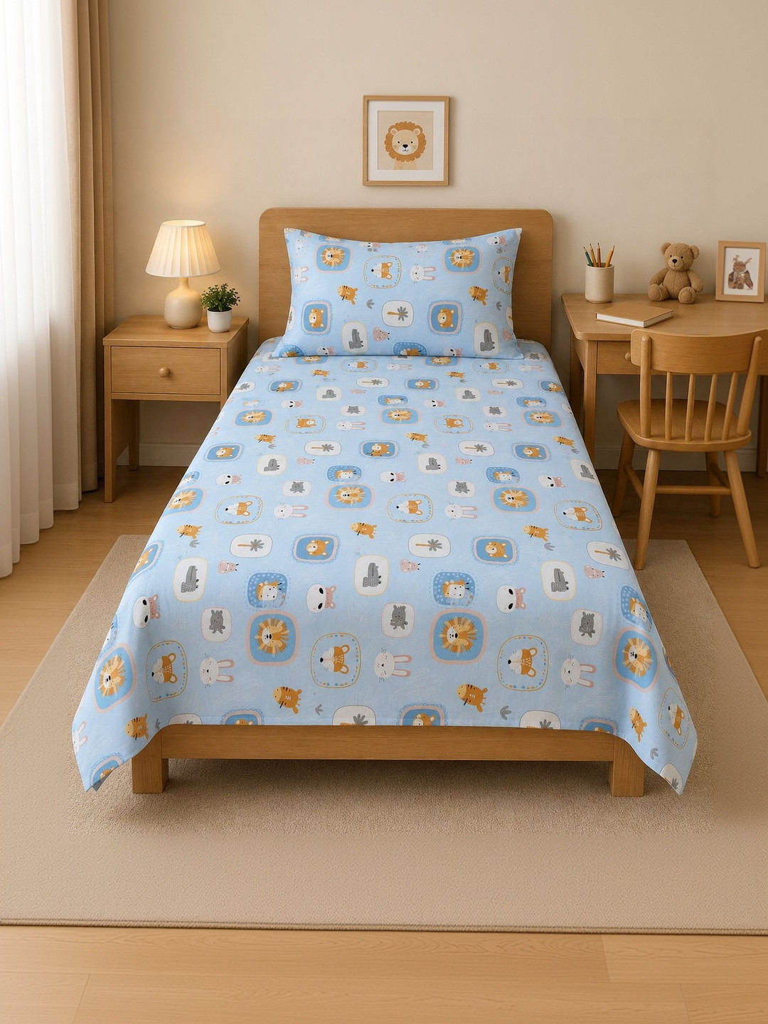 TINDLER KNOTS Blue & White Cartoon Characters 180 TC Single Bedsheet with 1 Pillow Covers